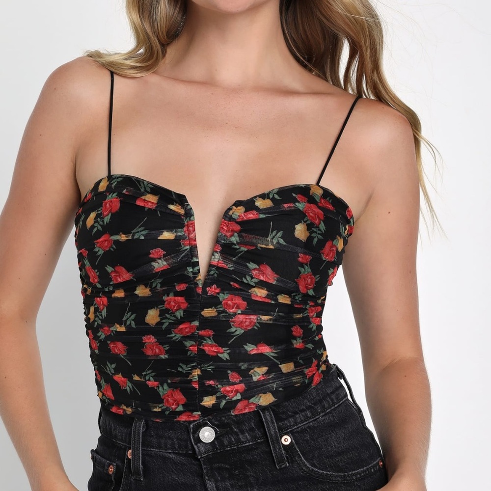 Vivacious Flower Black Floral Print Ruched Mesh Bodysuit
